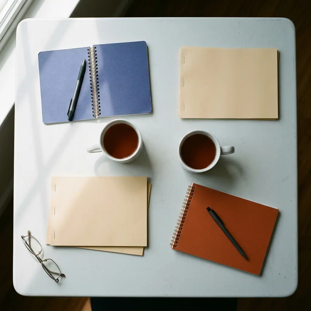 A table seen from directly above, laid out in matched pairs: two mugs of tea, two notepads — one indigo, one rust — two pens, two bundles of paper, and a pair of reading glasses.