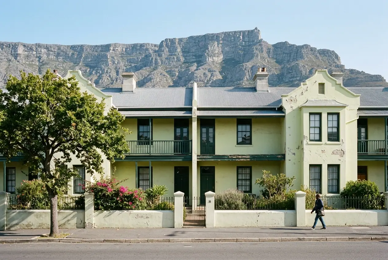 A quiet street of converted Victorian terraces on an ordinary morning, a low wall and iron railings along the pavement, an oak in leaf, and the grey face of Table Mountain filling the sky behind the rooftops.