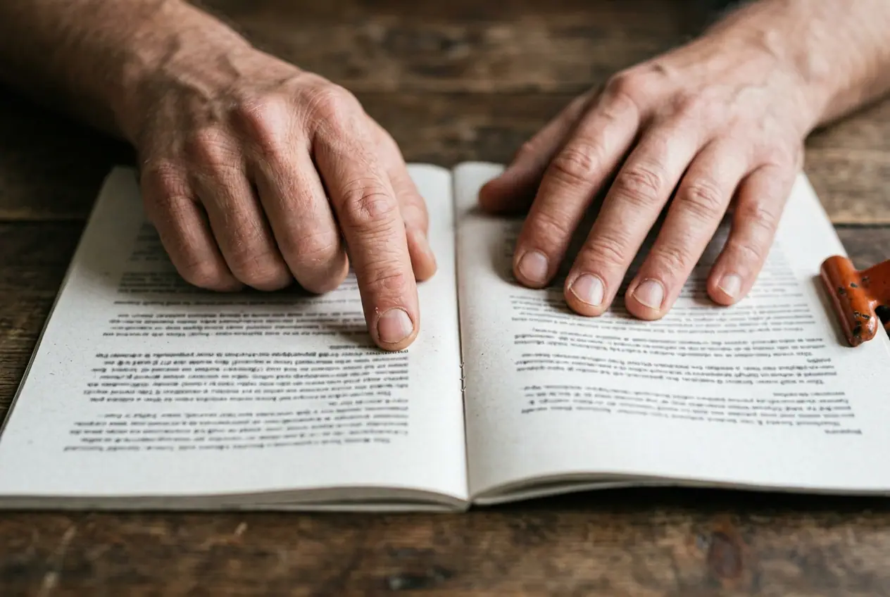 A pair of working hands resting on an open printed document, one finger holding a place partway down the page.