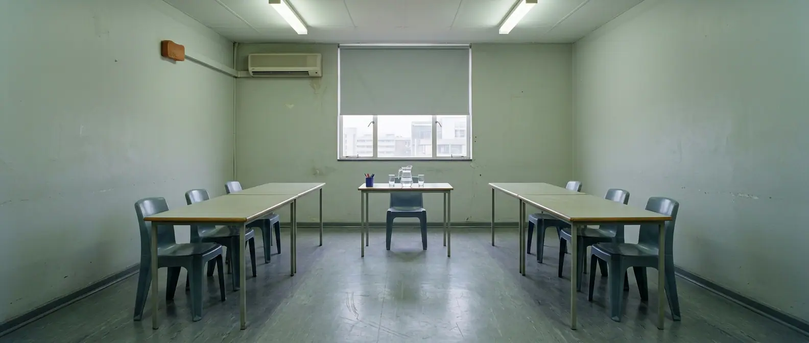 A plain institutional hearing room, empty: two identical trestle tables facing each other across a gap with matching stacking chairs at each, a third small table square between them at the head, bare walls and a half-drawn blind at the far end.