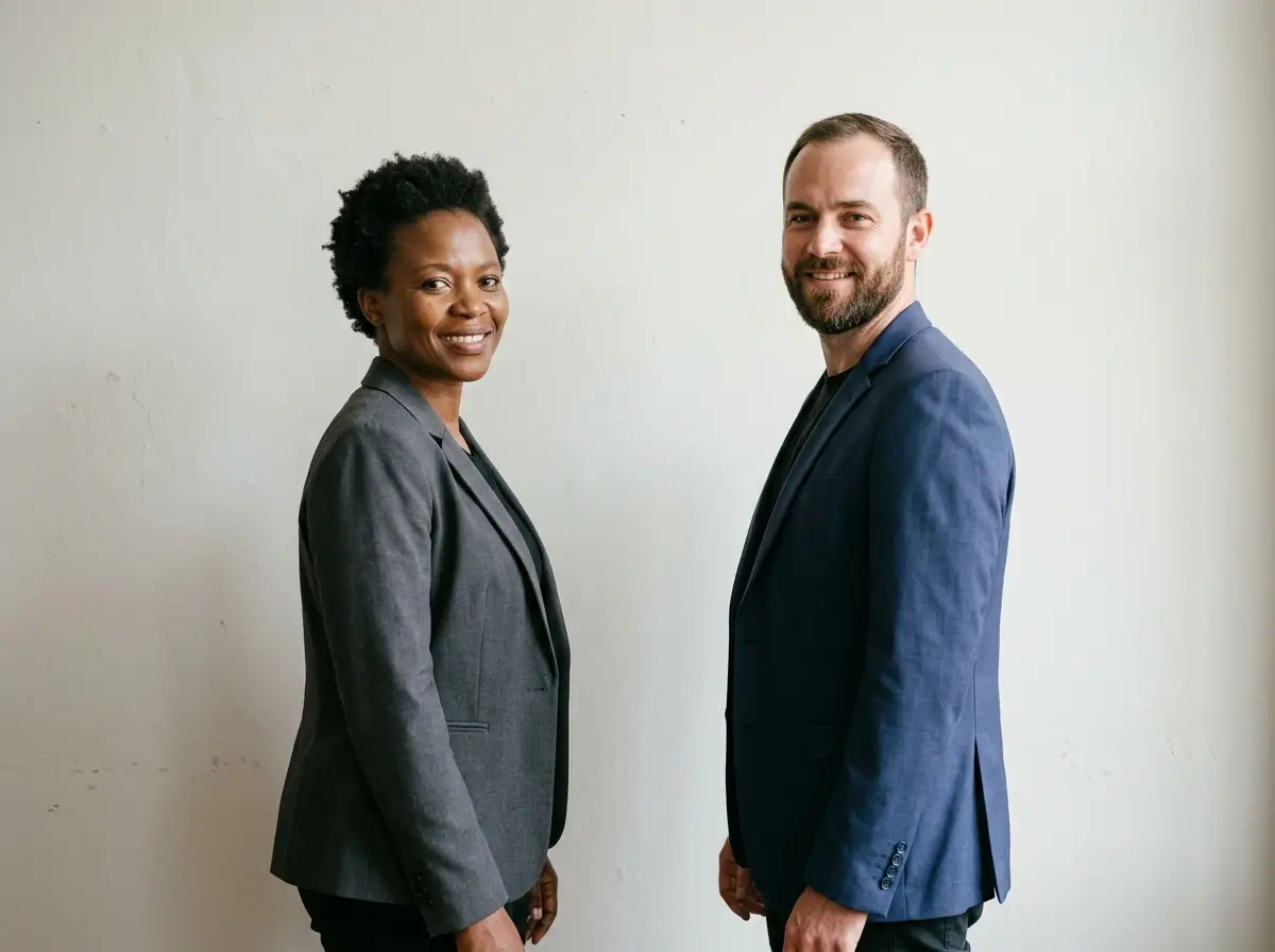 Two attorneys standing side by side against a plain pale wall, the same height and the same distance from the camera, turned slightly towards each other and both smiling.