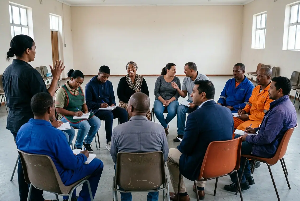 About twelve people seated in a loose semicircle in a plain hall: two in blue and orange work overalls, a woman in a headscarf, a man in a suit jacket, several taking notes, one laughing, with a presenter standing at the edge of the circle.