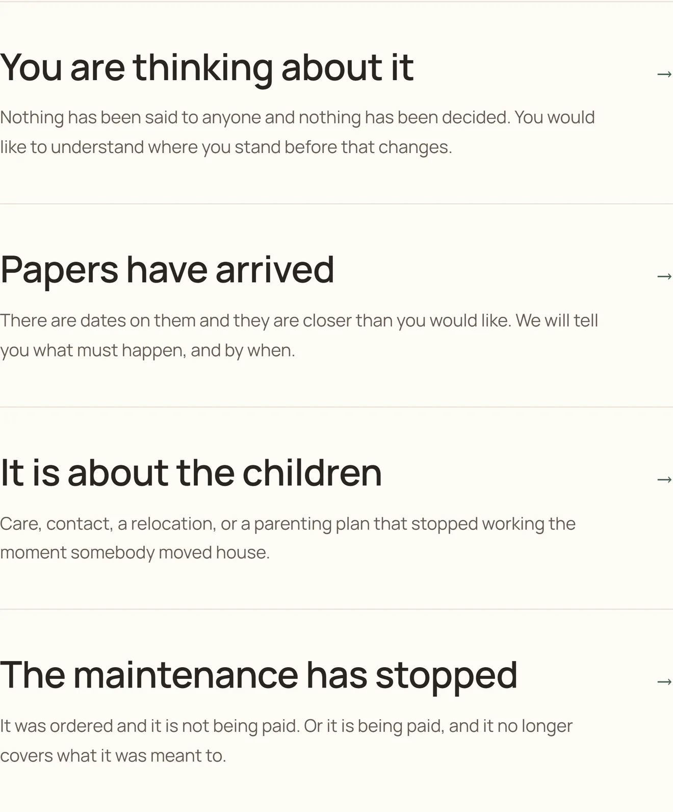 Entries from the home page of the example site, each headed with a situation rather than a service — “You are thinking about it”, “Papers have arrived” — with a sentence under each describing that moment.
