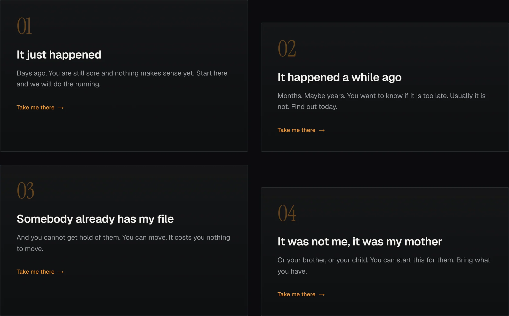 Four panels from the home page of the example site — “It just happened”, “It happened a while ago”, “Somebody already has my file”, “It was not me, it was my mother” — each with a sentence and a link.