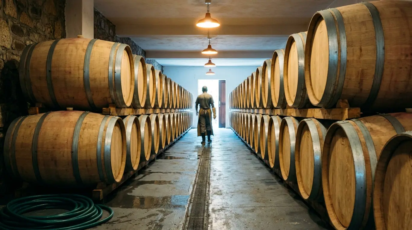 A working wine cellar in the Cape Winelands: rows of oak barrels stacked two high, a wet concrete floor, and a cellar worker in an apron far down the row.
