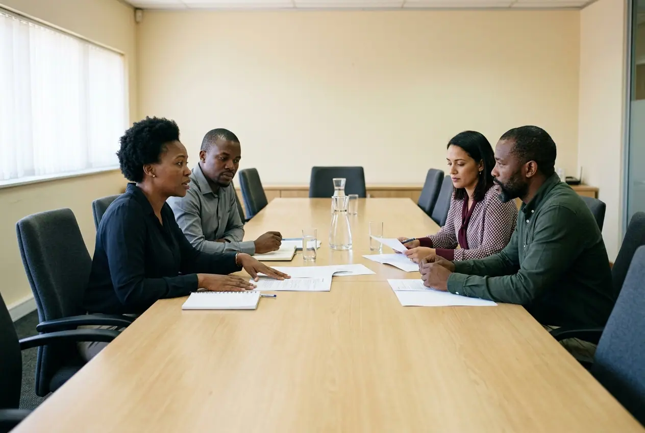 Four people seated around one end of a long pale boardroom table, two on each side facing each other, papers and water glasses between them, one talking with a hand flat on a page.