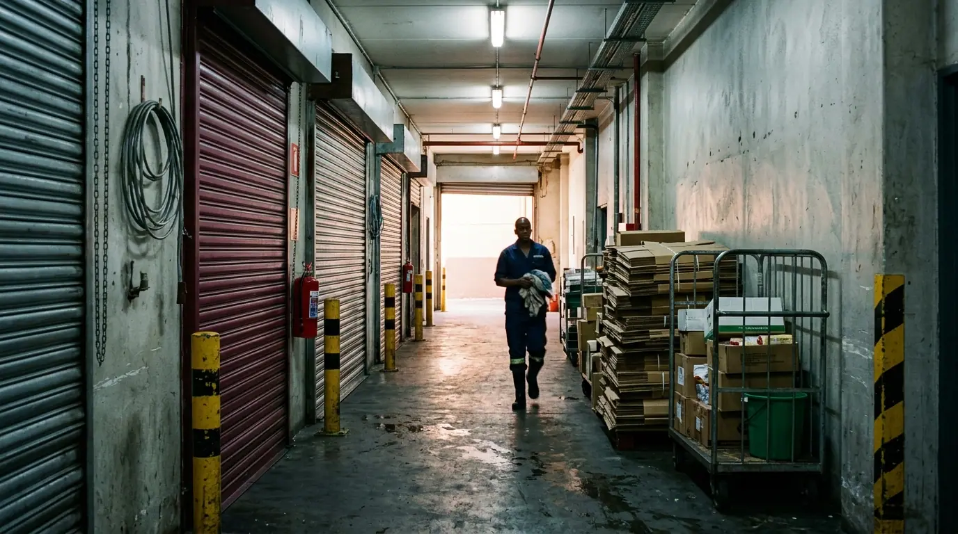 The service corridor behind a shopping centre: roller shutters, stacked cardboard, a trolley of stock and a wet concrete floor, with one staff member walking away in the distance.