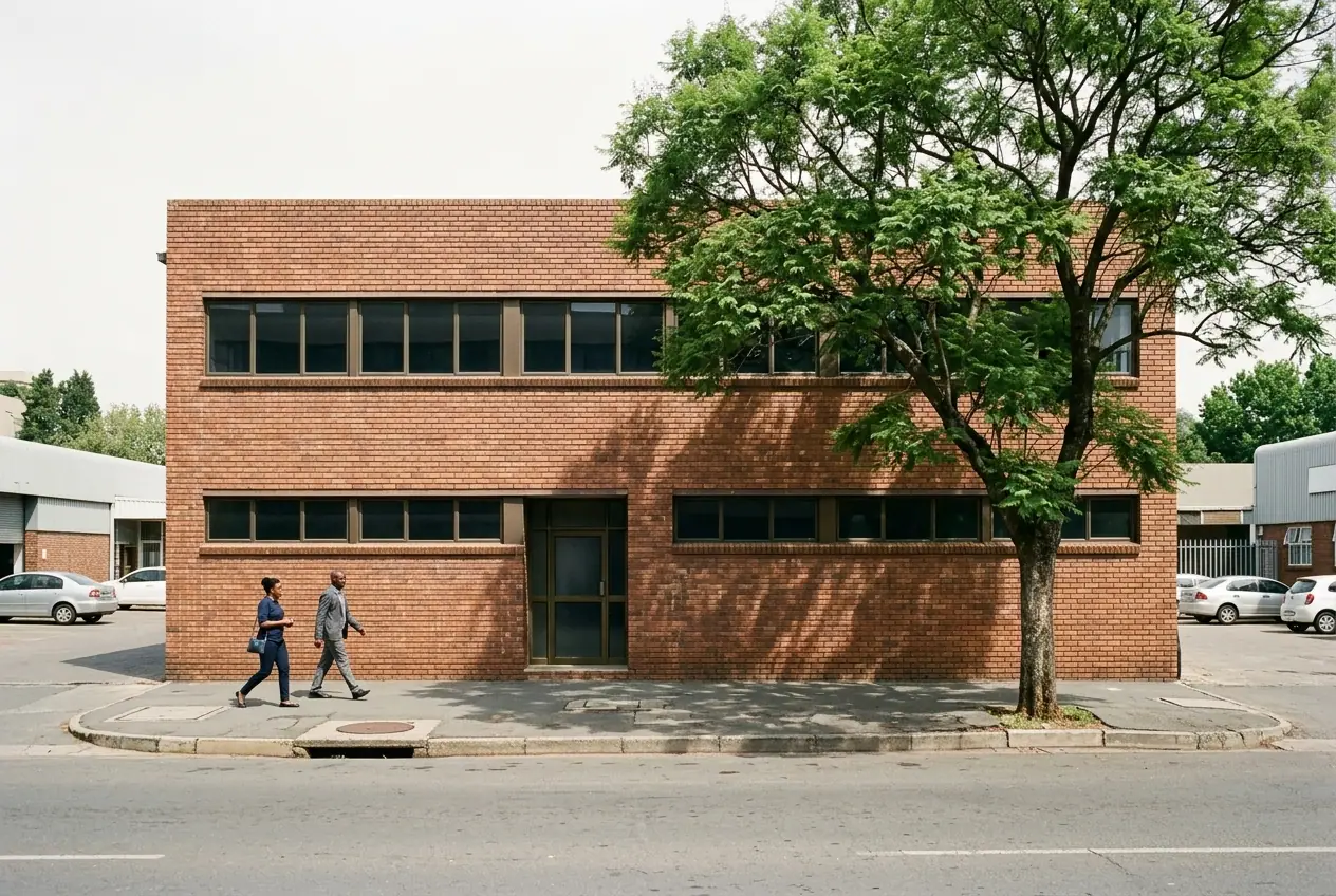 The face-brick street frontage of a low commercial building on an ordinary weekday morning, a tree throwing dappled shade across the brick, and two people walking past on the pavement.