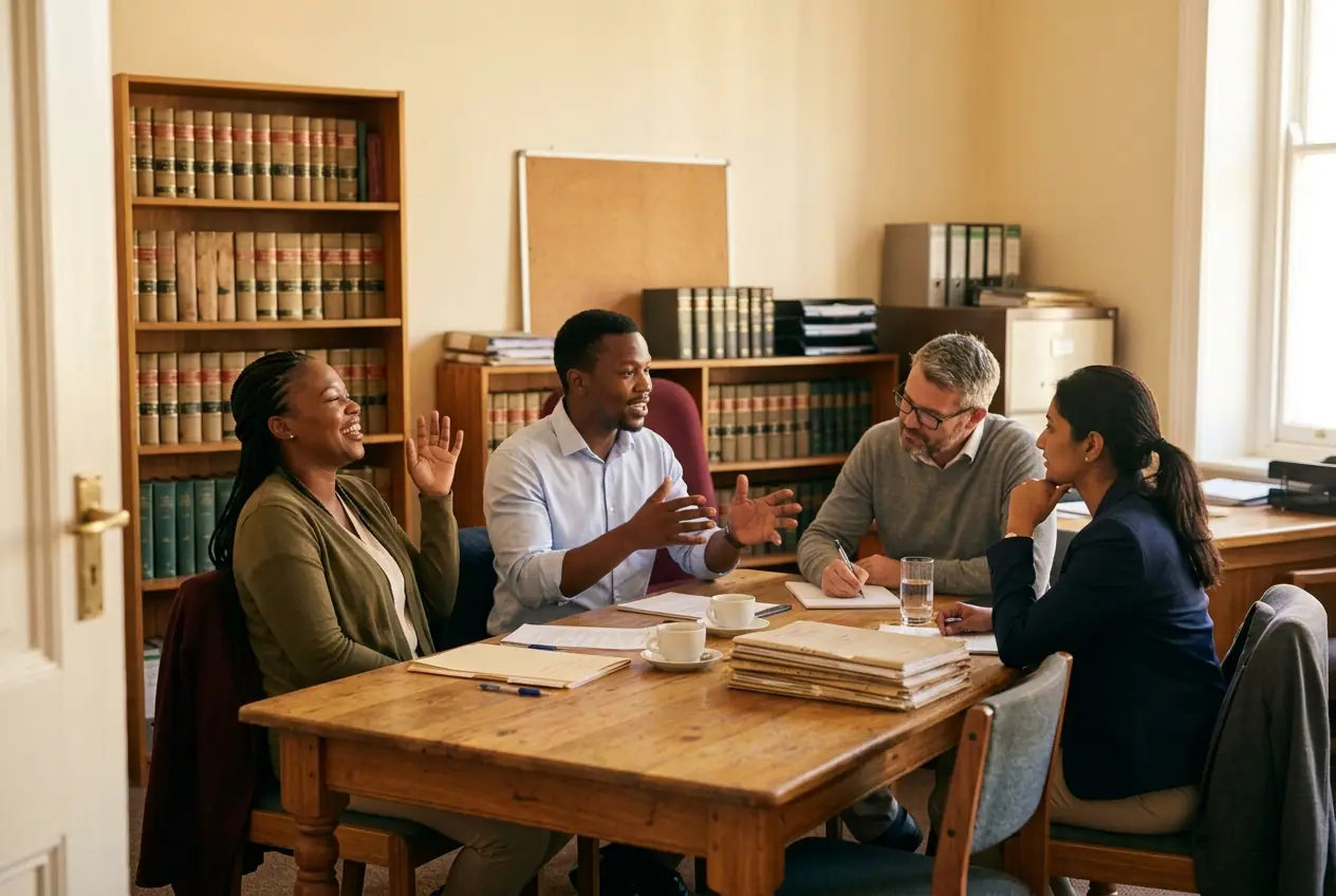 Four attorneys around a timber table in a working office, mid-discussion; one laughing with her hand raised, one talking with both hands out, one writing, one listening.