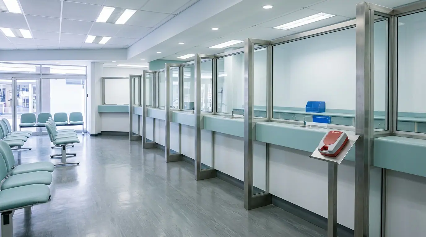 The interior of an ordinary bank branch seen from the public side and empty of people: a row of teller positions behind glass, linked seating and a polished floor.